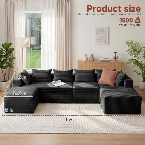 Couch ≈139" U-Shaped Sofa, Modular Sofa in Living Room Comfy Corduroy Fluffy Couch with Deep Seat and Side Pockets, Flexible Module Combination for Living Room (Black, 139IN)