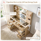 AMERLIFE 47.2" Fluted Vanity Desk with Mirror and Lights, Natural Oak | Large 7 Drawers Wood Makeup Vanity Table with Glass Top and Charging Station for Women and Girls, Bedroom or Dorm