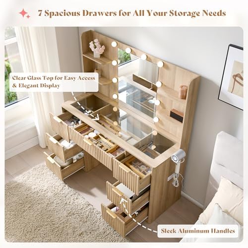 AMERLIFE 47.2" Fluted Vanity Desk with Mirror and Lights, Natural Oak | Large 7 Drawers Wood Makeup Vanity Table with Glass Top and Charging Station for Women and Girls, Bedroom or Dorm