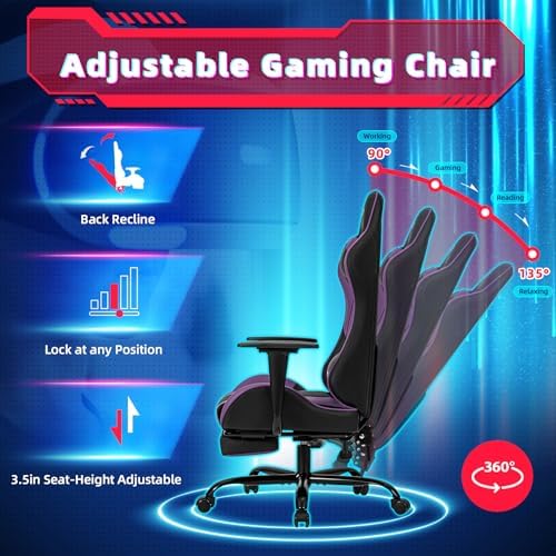 ECOTOUGE Violet Ergonomic PC Massage Gaming Chair with Footrest | Reclining Racing PU Leather, Swivel Rocker, Headrest, Lumbar Pillow, Office Desk Chair, Adjustable Height, Sturdy Base