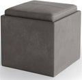 SIMPLIHOME Rockwood 17" Wide Vegan Leather Storage Ottoman in Grey | Distressed slate grey, contemporary ottoman with flip-over tray top and hidden storage; cube storage bench for living room.