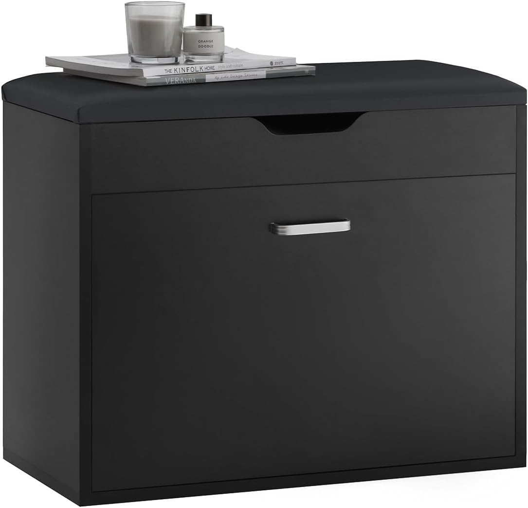 SoBuy Small Shoe Bench, Narrow Shoe Cabinet with Folding Padded Seat, Small Space Shoe Rack, Black 23.6" x 11.8" x 19.3"
