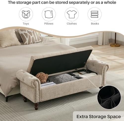 SOFTHION 58.1" Storage Bench for Bedroom, Chenille Cushion, Light Brown | End of Bedroom Bed Bench Ottoman with Tufted Cushioned Rolled Arm Large Storage Space for Reading/Living Room/Entryway