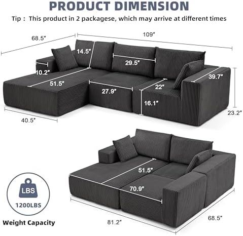 108" Couch with Chaise, Cloud Sectional Modular Sofa, Darkgrey | Deep Seat Modular Sectional Sofa for Living Room, Upholstered Corduroy Couch for Apartment, Convertible No Assembly Sofa