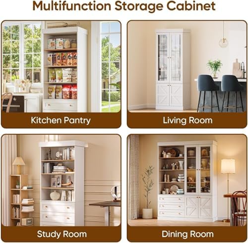 ivaniti 71" Tall Farmhouse Kitchen Pantry, Rustic Large Storage Cabinet with Glass Doors, Adjustable Shelves, Wood Versatile Hutch Cabinet for Dining Room, Living Room, White 2 Pcs