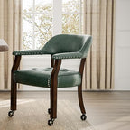 Set of 6 Dining Leather ArmChairs with Casters,Green PU, 360° Move | Accent Kitchen Chairs with Wheels, Captain's Rolling Poker Table Chair Set, Button Tufted Cushion, Open Back, for Home Office