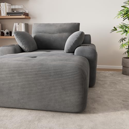 69” Floor Chaise Lounge Chair Indoor, Oversized Chaise Lounge Reading Chairs with 4 Side Pockets and 2 Cup Holders, Comfy Corduroy Sleeper Sofa Bed for Living Room Bedroom Apartment, Grey