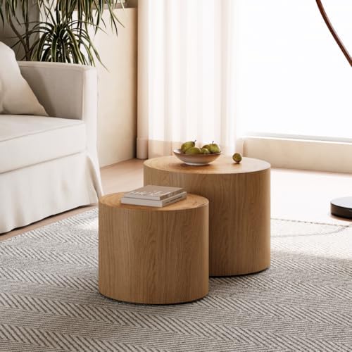 Nesting Coffee Table Set of 2, Modern Round Coffee Table, Wooden Circle Accent Tables for Small Spaces Living Room Bedroom Balcony Office Drum Side Table, Natural Wood