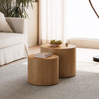Nesting Coffee Table Set of 2, Modern Round Coffee Table, Wooden Circle Accent Tables for Small Spaces Living Room Bedroom Balcony Office Drum Side Table, Natural Wood