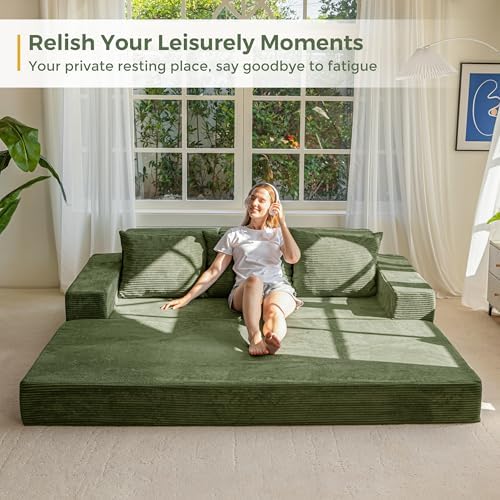MAXYOYO Convertible Sofa Bed, 80" Oversized Loveseat Couch 4 in 1 Foldable Floor Sofa Couch in A Box with 2 Cup Holders, Folding Chair for Living Room, No Assembly Required, Green | Corded Green 4-in-1 Couch Converts Into a Floor Sofa