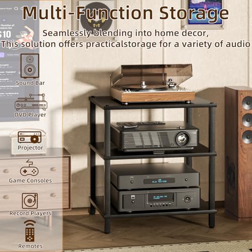 LELELINKY 3-Tier AV Media Player Stand, Stereo Cabinet, Modern Stereo Cabine,Game Console Shelf,Wooden TV Stand,Multifunctional Entertainment Center, Suitable for Home, Conference Room, Black