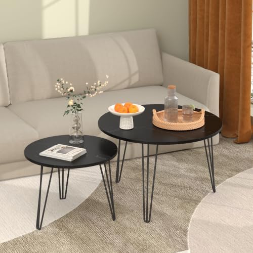 2 Piece Nesting Round Side Tables, Faux Marble Surface Nesting Coffee Table | Stackable Round Nesting Tables, Faux Marble Nesting Side Table Set, Metal Frame Coffee End Tables for Living Room Bedroom