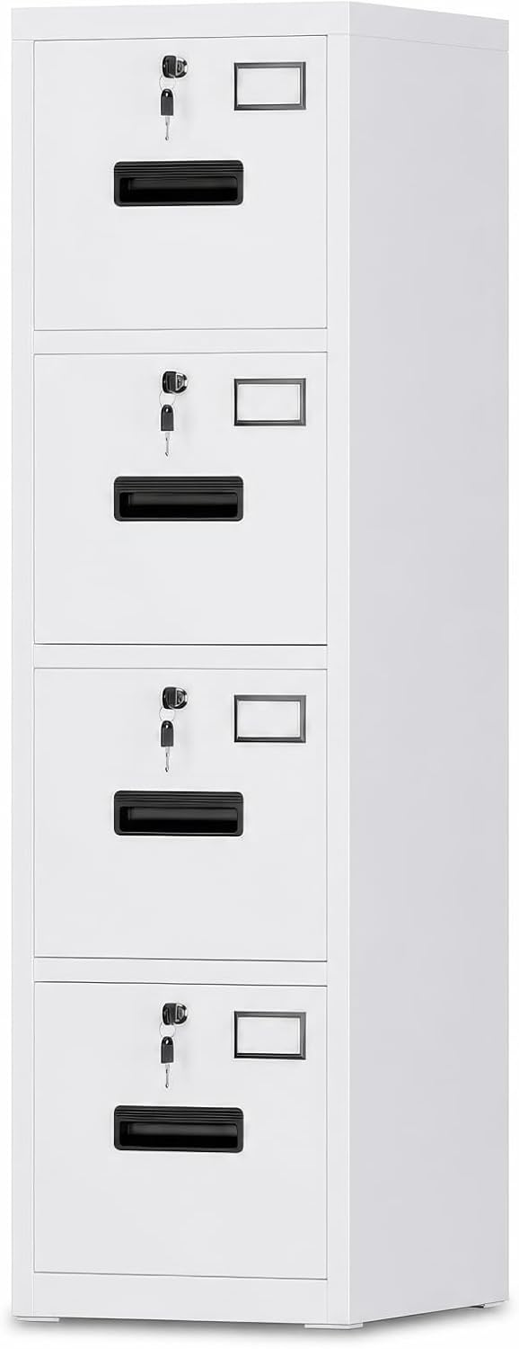 Garvee 4-Drawer White Metal File Cabinet with Individual Locks, Heavy-Duty Steel Vertical Filing Cabinet for A4, Letter & Legal Size Documents, Locking Storage Cabinet for Home Office & School