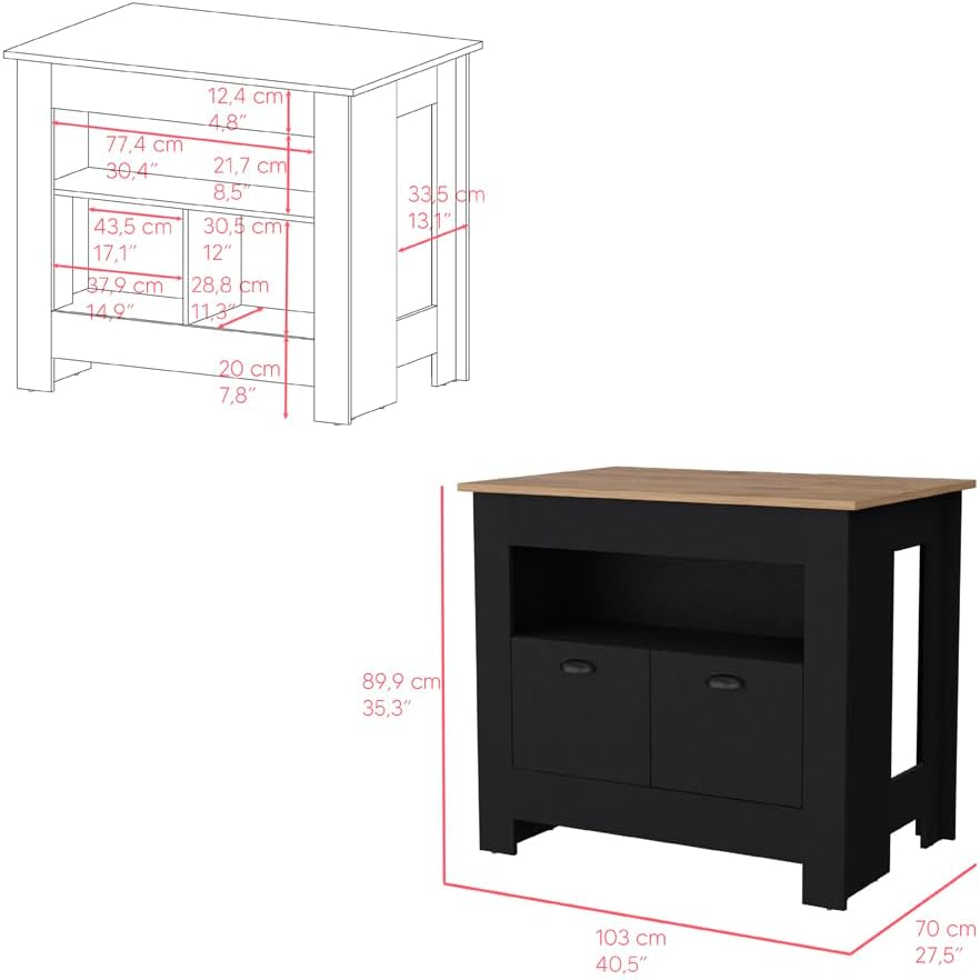 Kitchen Island Geneva Black Macadamia with Multicolor | Spacious 40.5" x 27.5" Macadamia countertop with surface