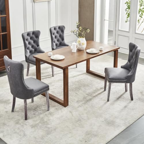 Leather Dining Chairs, Upholstered Dining Room Chairs, Grey, Set of 6 | Dining Chairs Set of 6, Leather Fabric, High Wing Back, Metal Pull Ring, Wood Frame, Mid Century Modern
