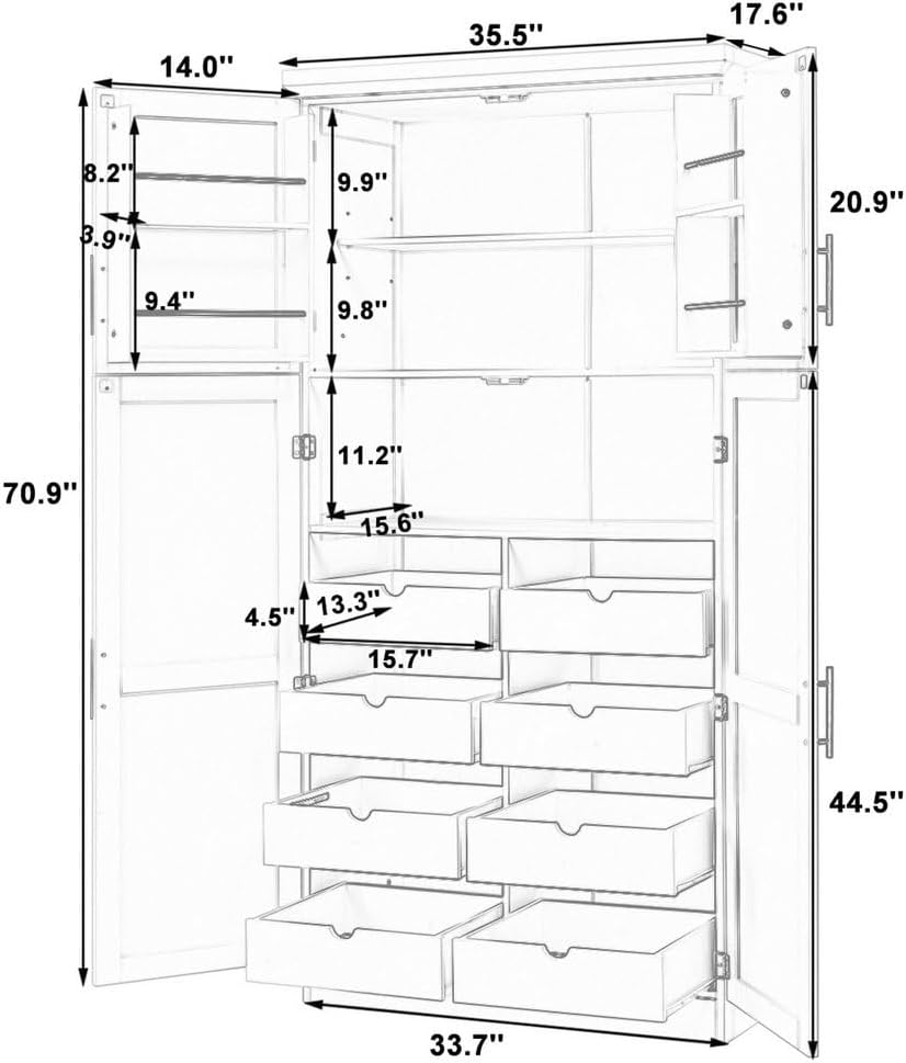 LUMISOL Kitchen Pantry Cabinet, 70.9" Tall Cupboard Storage Cabinet with Adjustable Shelves and Door Shelves, Freestanding Kitchen Hutch with 8 Pull-Out Trays for Dining Room Living Room, White