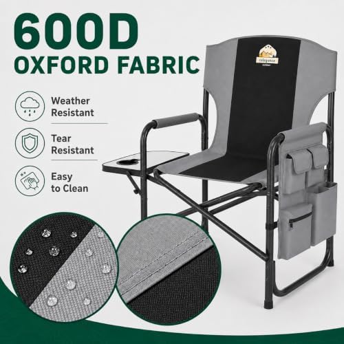 Colegence Oversized Directors Camping Chairs, 2 Pack, 600 lb, Black | Heavy duty outdoor chairs for adults, 28" wide seat, supportive back, side table, cup holder, detachable storage pocket