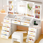 53.15" Large Glass Top Vanity Desk with Mirror and Lights, White