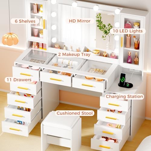 53.15" Large Glass Top Vanity Desk with Mirror and Lights, White