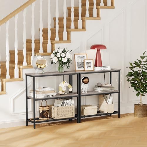 Snughome 3 Tier Narrow 29.5" Console Table with Power Outlets (Grey) | Thin Sofa Side Display Table, Small Entryway Table with 2 USB, 2 Power Outlets, Behind Couch Table, for Living Room, Hallway