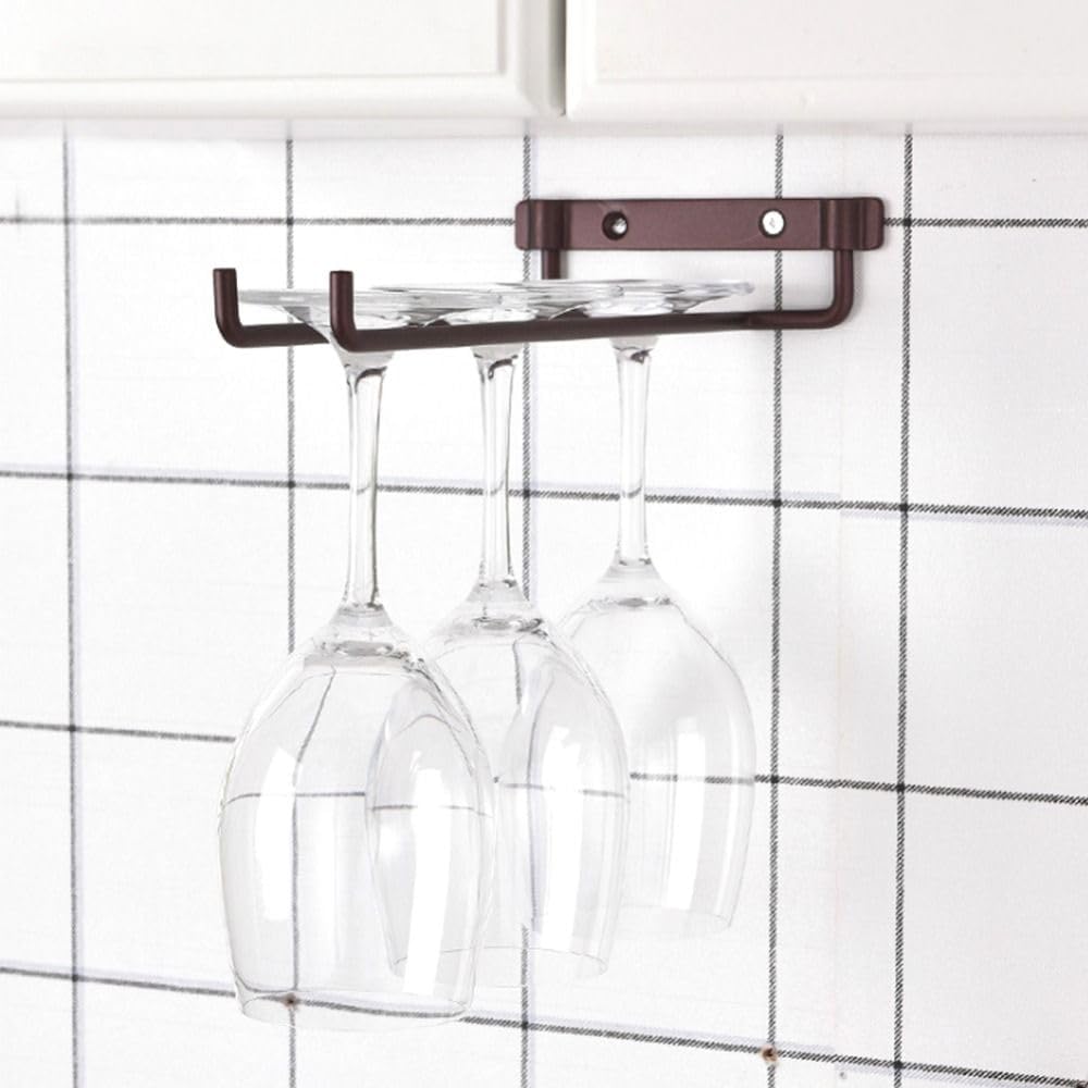 Stainless Steel Single Row Wine Glass Rack Space-Saving Cup Shelves Design Wall Mounted Holder for Kitchen & Bar Storage(Brown)