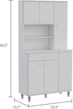 90 Kitchen Pantry Cabinet, Two Open Shelves, One Drawer, Multiple Cabinets, White