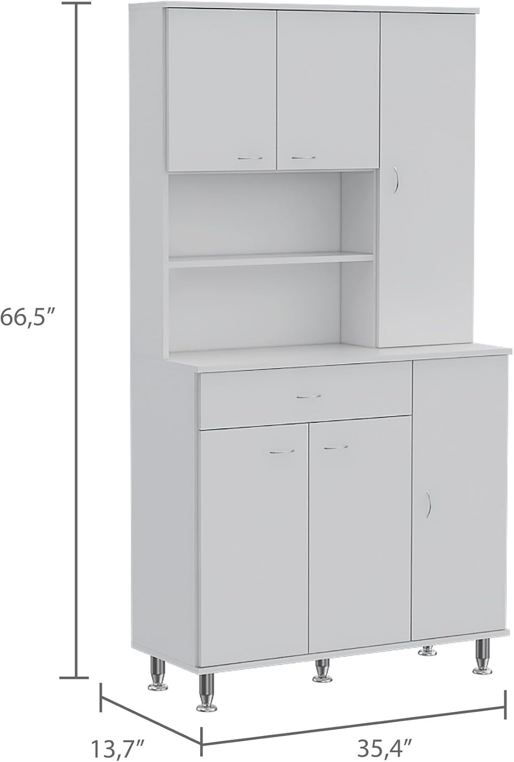 90 Kitchen Pantry Cabinet, Two Open Shelves, One Drawer, Multiple Cabinets, White