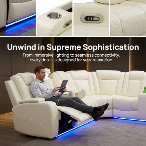 A Ainehome Leather Power Furniture Reclining Sectional Couch, Living Room Power Recliner Adjustable Sofa, Loveseat and Chair with Storage Console for Living Room/Office(Off-White)