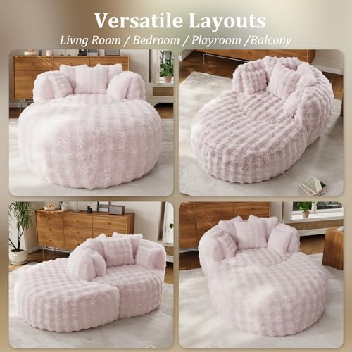 55" W x 75" D Oversized Chaise Lounge Chair Indoor with Ottoman,Pink | 38D Sponge,Round Reading Chair Luxury Plush Cloud Circle Sleeper for Living Room Bedroom, 5 Pillows,Faux Fur