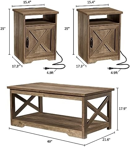 AMERLIFE 3 Piece Farmhouse Living Room Coffee Table Set, Barnwood | Coffee Table & 2 End Tables with Charging Station and USB Ports, Farmhouse Style, Barn Door Design, Living Room Furniture
