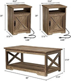 AMERLIFE 3 Piece Farmhouse Living Room Coffee Table Set, Barnwood | Coffee Table & 2 End Tables with Charging Station and USB Ports, Farmhouse Style, Barn Door Design, Living Room Furniture