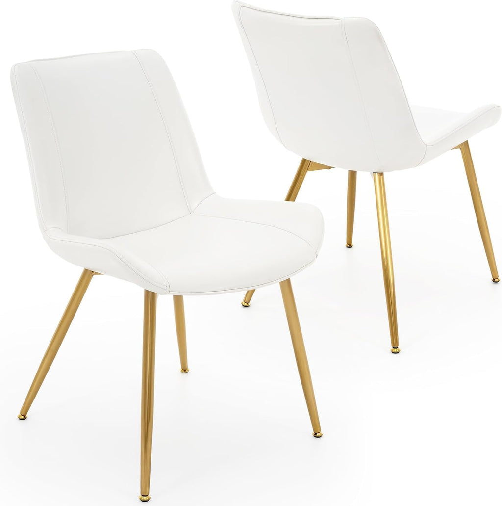 Dining Chairs Set of 2 PU Leather Armless Pearl White, Gold Legs | Fits Dining Rooms, Kitchens, Waiting room, Living rooms, Offices & Cafes, Easy to Clean Easy to assemble Adjustable Foot Pads