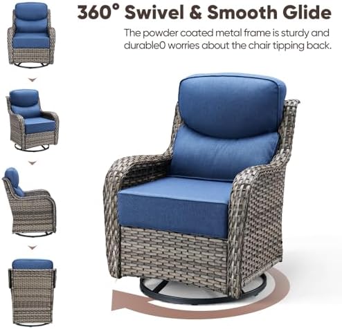 Swivel Patio Chairs sofa Set of 4 with 6" Thick Cushion - Wicker Outdoor Swivel Rocker Patio Chair ,Sofa/Glass coffee table, High Back Comfortable Outdoor Glider Chairs - Grey Wicker | Blue Cushions