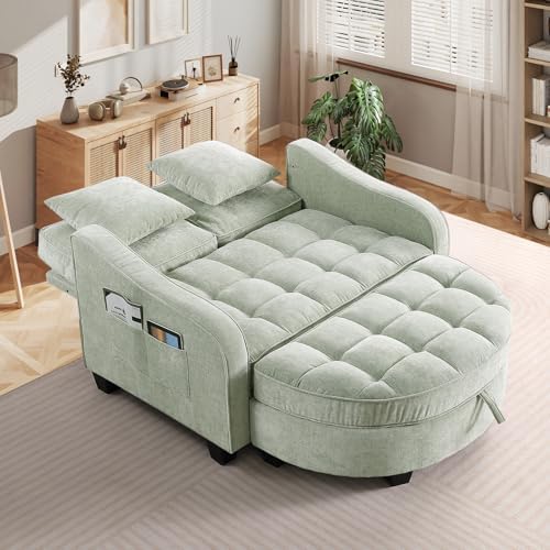 Oversized Chaise Lounge Chair Indoor with Adjustable Backrest, Chenille Tufted Comfy Loveseat Sofa Chair with Ottoman, Fluffy Recliner Sofa, Convertible Sleeper Couch Bed for Living Room(51"W, Cyan)