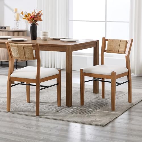 BESTANO Modern Armless Dining Chairs with Rope Woven Back Set of 2, Beige Linen Fabric Upholstered Kitchen & Dining Room Chairs, Mid-Century Classic Farmhouse Wooden Side Chair