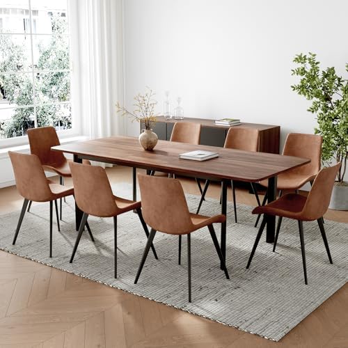 HIPIHOM Extendable Dining Table Set for 8, Walnut Kitchen Table with Chairs | 63"- 78.7" Adjustable Walnut Dinner Table, Metal Base, Dining Room Table with 8 PU Leather Chairs, Seats 6-8 for Apartment