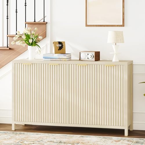 Fluted Buffet Cabinet with Storage, 55" Sideboard Cabinet with 4 Doors, Modern Credenza Accent Console Cabinet Coffee Bar Table for Living Room Dining Room Hallway, Natural