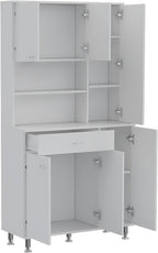 90 Kitchen Pantry Cabinet, Two Open Shelves, One Drawer, Multiple Cabinets, White
