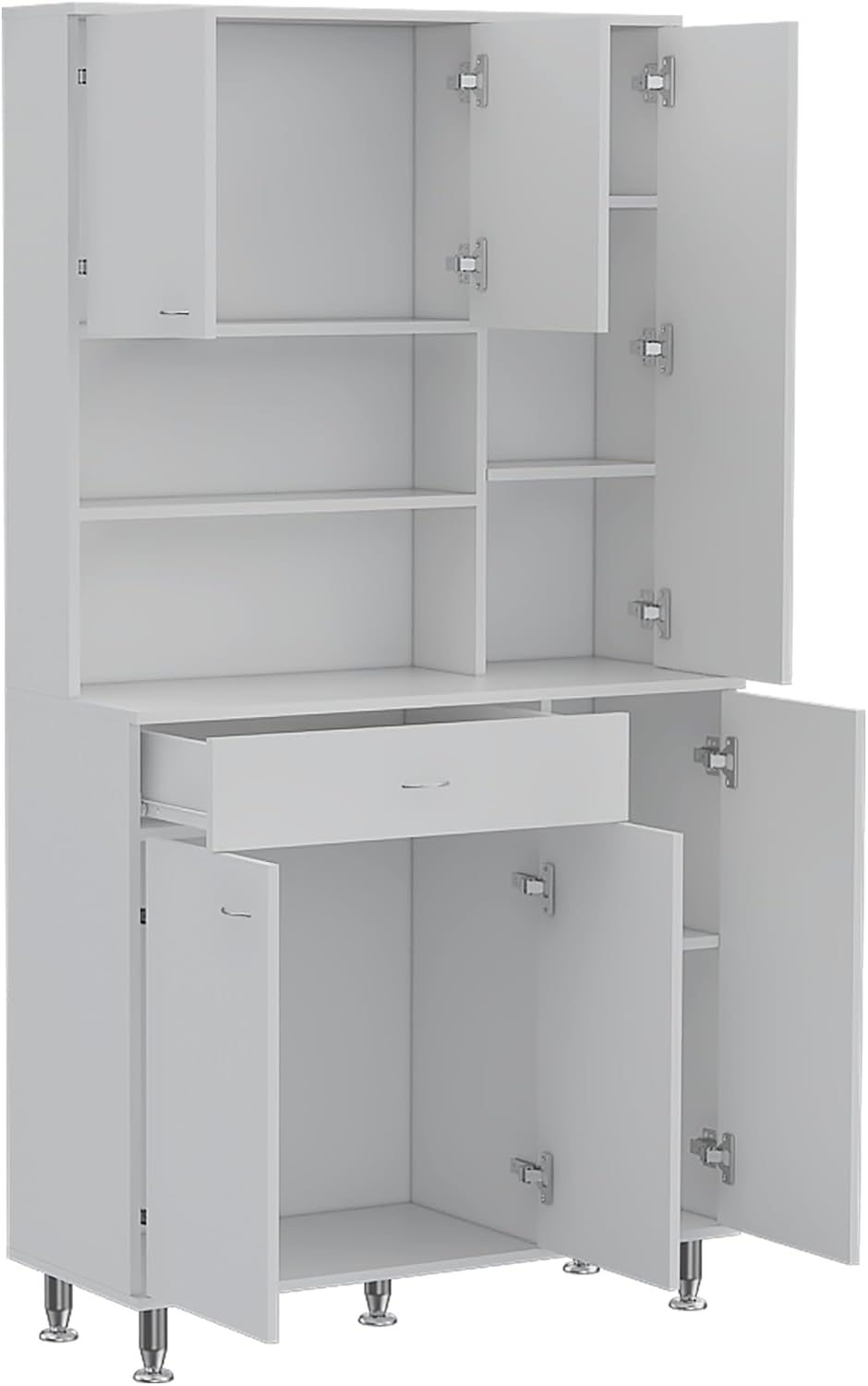 90 Kitchen Pantry Cabinet, Two Open Shelves, One Drawer, Multiple Cabinets, White