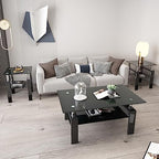ODUSE-DAILY All Black Glass Coffee Table Set of 3 Piece, Living Room Table Set of 3 Pcs, Black Glass Coffee Table and End Table Sets, Metal Legs, Tempered Glass