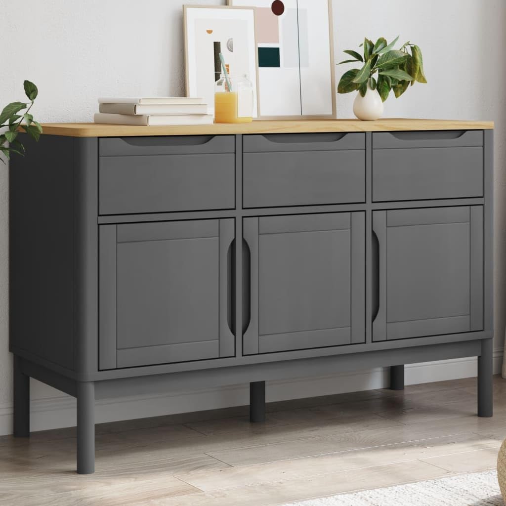 Grey Solid Pine Wood Sideboard with Engineered Wood Construction, Modern Storage Furniture for Dining Room and Living Room, Spacious Drawers and Doors for Organization