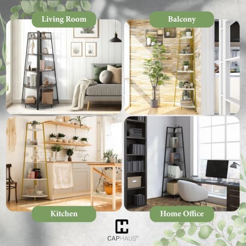 CAPHAUS 4-Tier Corner Shelf Stand, Tall Display Shelves, Ladder Corner Wood Storage Plant Bookshelf with Metal Frame, Versatile Shelving Unit Bookcase for Home Office Space, Dark Grey