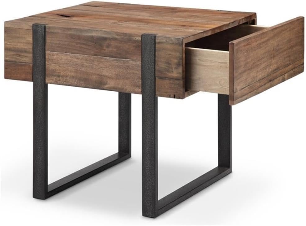 BOWERY HILL Contemporary End Table, 24" H x 22" W x 26" D, Reclaimed Wood, Rustic Honey Finish, Distressed Iron Base, Durable Compact Design, Industrial Farmhouse Style for Living Room or Indoor Use