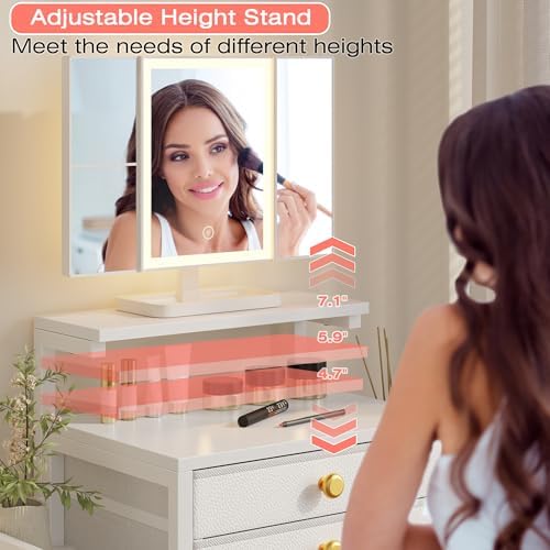 HIGDBFE Vanity Desk with Mirror and Lights 28.4''W Small Makeup Vanity | Vanity Table with Height-Adjustable Stand, 2 Fabric Drawers Compact Makeup Desk, Gift for Girls, Bedroom Small Space, White
