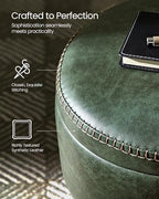 VASAGLE Storage Ottoman, Synthetic Leather Round Seat with Steel Legs | Vanity Chair Stool, with Stitching, Transitional, Loads 150 kg, Forest Green and Matte Black, EKHO Collection ULOM005C01