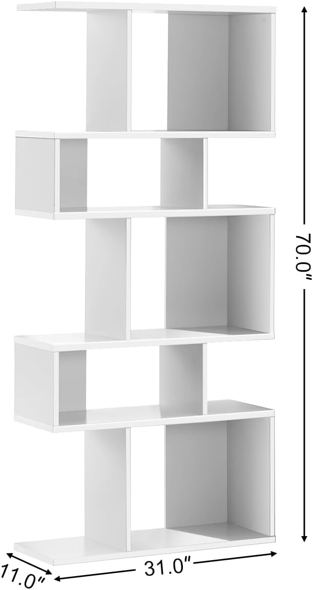 Giantex 5-Tier Geometric Bookshelf White, 70'' Tall Wood Freestanding Decorative Display Open Shelves with Anti-Tipping Device, Each Shelf Holds up to 44 lbs, Wooden S Shaped Bookcase