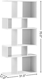 Giantex 5-Tier Geometric Bookshelf White, 70'' Tall Wood Freestanding Decorative Display Open Shelves with Anti-Tipping Device, Each Shelf Holds up to 44 lbs, Wooden S Shaped Bookcase