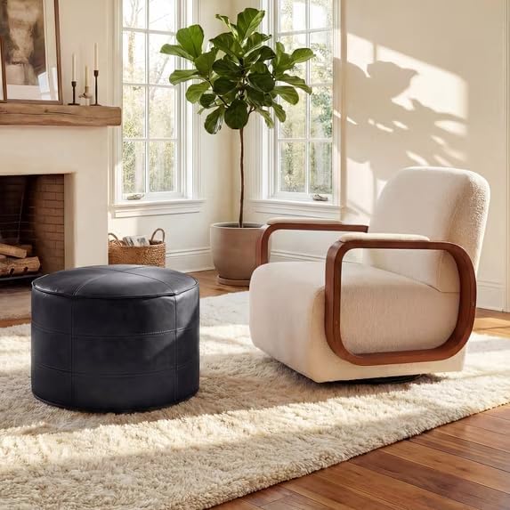 Leather Ottoman,Handmade Stuffed Square Ottoman,Genuine Leather Pouf, Foot Rest Pouf,Comfortable Soft Seating for Living Room & Bedroom (Black, Round)