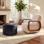 Leather Ottoman,Handmade Stuffed Square Ottoman,Genuine Leather Pouf, Foot Rest Pouf,Comfortable Soft Seating for Living Room & Bedroom (Black, Round)