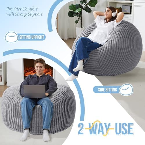 3 FT Bean Bag Chair,3' Big Bean Bag,Large Bean Bag Chairs for Adults | Comfy Beanbag Chairs with Memory Foam Filled,Soft Bean Bag Sofa with Machine Washable Dutch Corded Plush Cover-Dark Grey